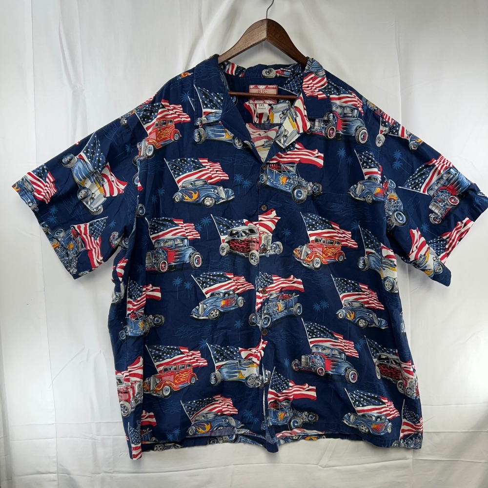 RJC Button Up Shirt Mens 5XL Navy Blue Hot Rod American Flag Made in Hawaii